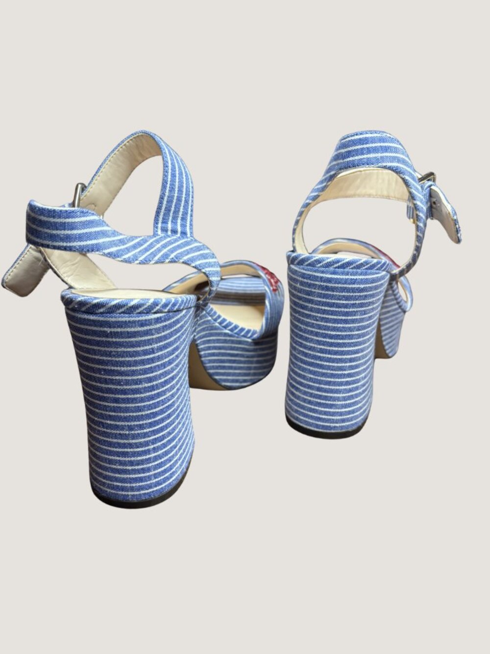 Nine West Fontayah Blue White Pinstripe Platform Heels Embroidered Sandals Size - Picture 4 of 6